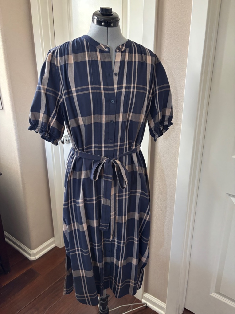 Lucky Brand Plaid Short Sleeve Shirt Dress, Navy & Tan, Size L